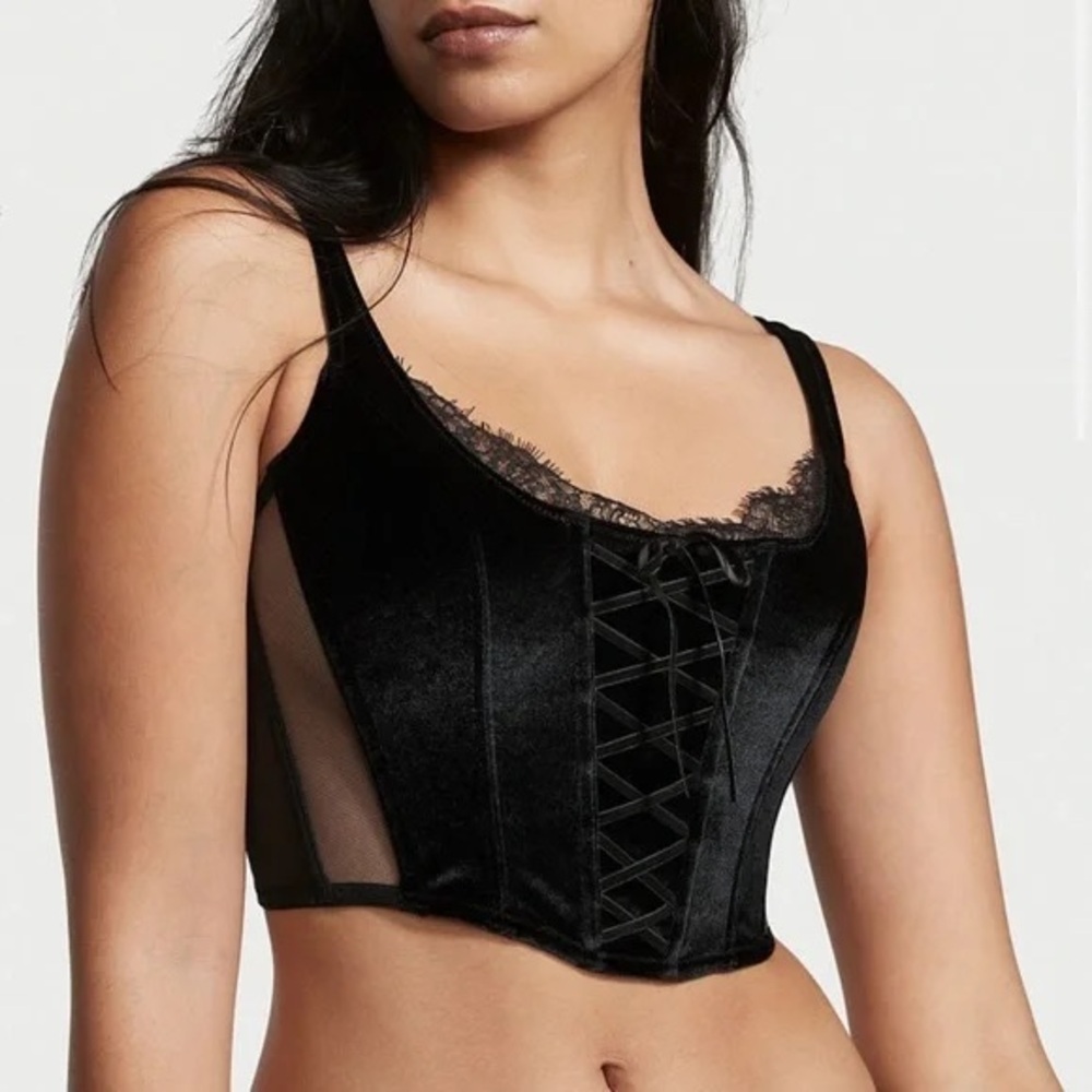 Victorias Secret Dream Angels Unlined Lace-Up Velvet Corset Top Bra Black